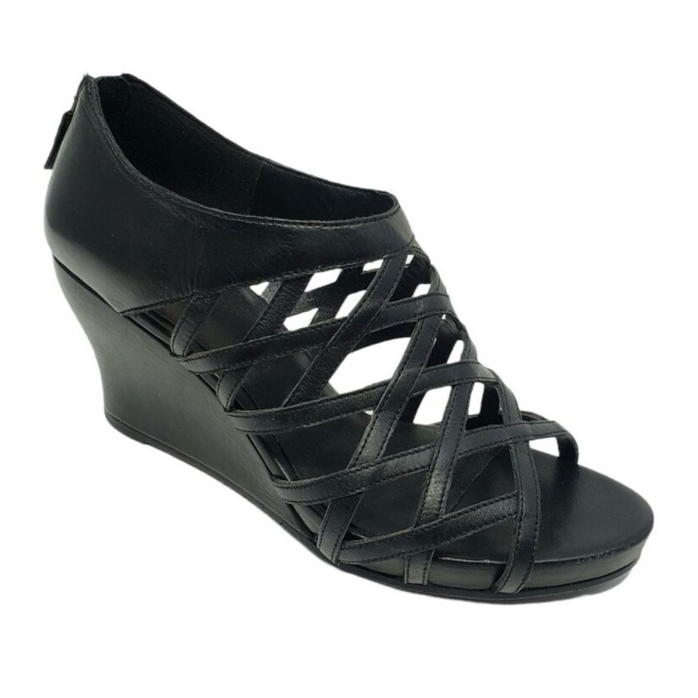 Eileen Fisher Leather Cage Lattice Wedge Sandal, Black, Sz 9.5